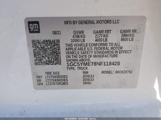 1GC5YME78NF118426 Chevrolet Silverado 2500hd 4wd Standard Bed Custom