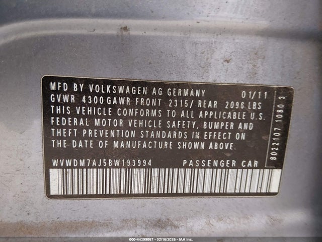 2011 Volkswagen Golf Tdi 4-door მანქანა იყიდება აუქციონზე, vin: WVWDM7AJ5BW193994, აუქციონის ნომერი: 44399067