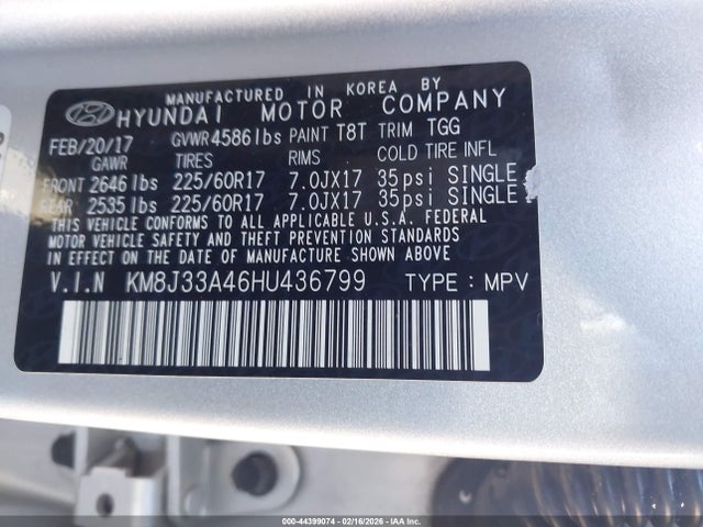 Aukcja sprzedaży 2017 Hyundai Tucson Se, vin: KM8J33A46HU436799, numer aukcji: 44399074