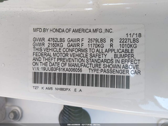 19UUB3F61KA006056 Acura Tlx Tech A-spec Pkgs