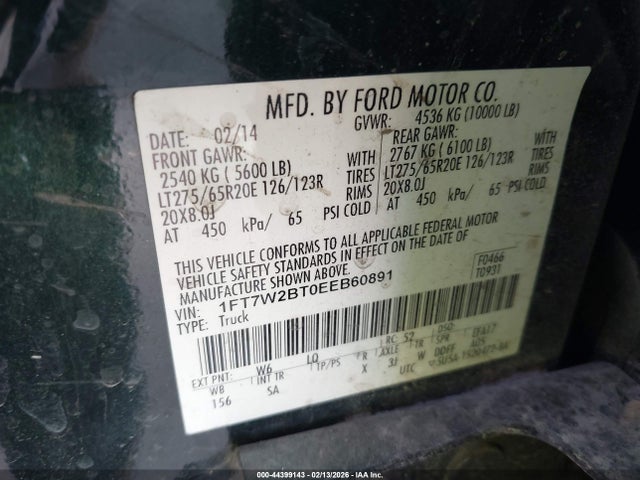 Aukcja sprzedaży 2014 Ford F-250 Lariat, vin: 1FT7W2BT0EEB60891, numer aukcji: 44399143