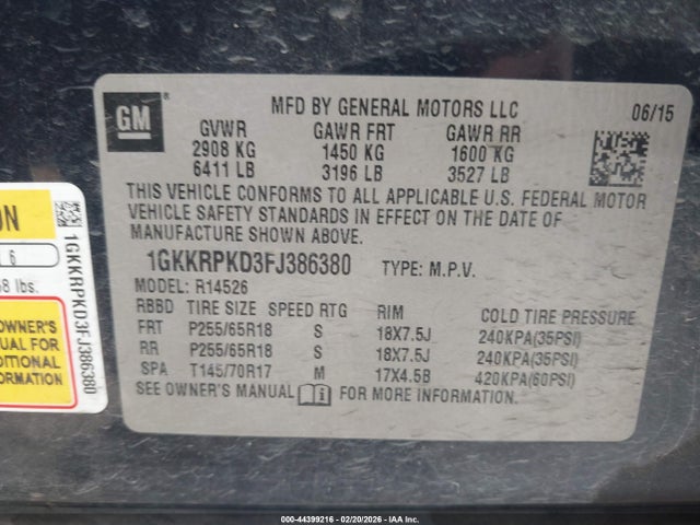 1GKKRPKD3FJ386380 GMC Acadia Sle-2