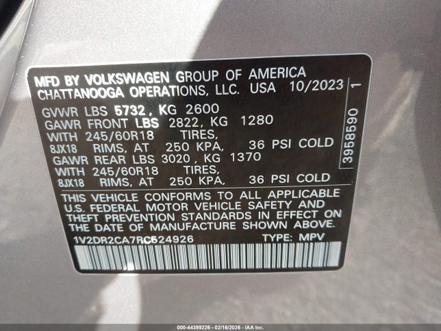 Продажа на аукционе авто 2024 Volkswagen Atlas 2.0t Se, vin: 1V2DR2CA7RC524926, номер лота: 44399226