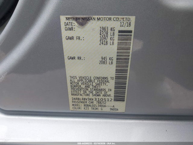 2019 Nissan Altima 2.5 S მანქანა იყიდება აუქციონზე, vin: 1N4BL4BV3KN310512, აუქციონის ნომერი: 44399233