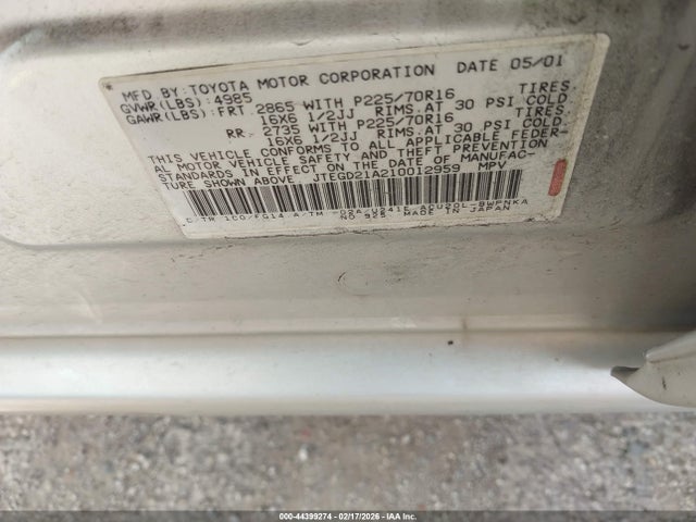 44399274 :رقم المزاد ، JTEGD21A210012959 vin ، 2001 Toyota Highlander مزاد بيع
