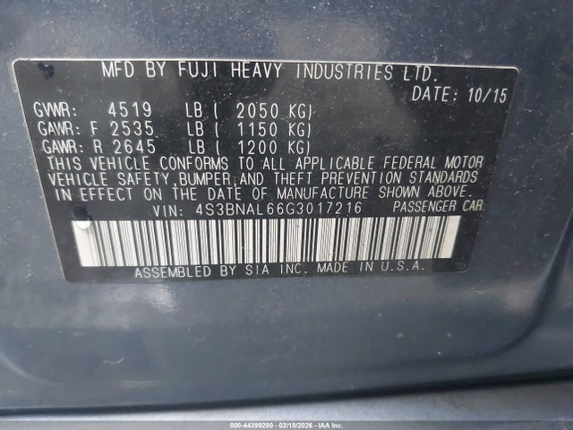 2016 Subaru Legacy 2.5i Limited მანქანა იყიდება აუქციონზე, vin: 4S3BNAL66G3017216, აუქციონის ნომერი: 44399280