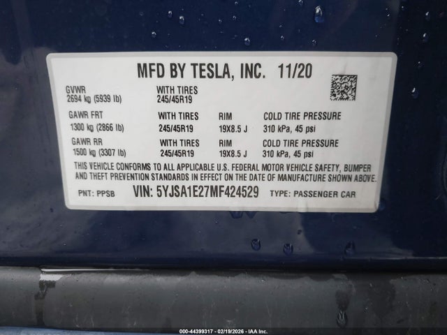 2021 Tesla Model S Long Range Dual Motor All-wheel Drive/long Range Plus Dual Motor All-wheel Drive მანქანა იყიდება აუქციონზე, vin: 5YJSA1E27MF424529, აუქციონის ნომერი: 44399317