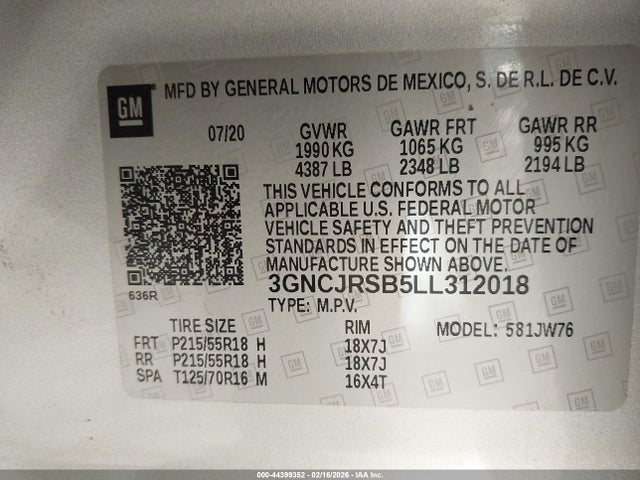 Aukcja sprzedaży 2020 Chevrolet Trax Awd Premier, vin: 3GNCJRSB5LL312018, numer aukcji: 44399352
