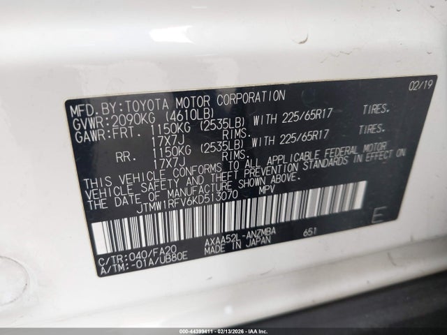 JTMW1RFV6KD513070 Toyota Rav4 Xle