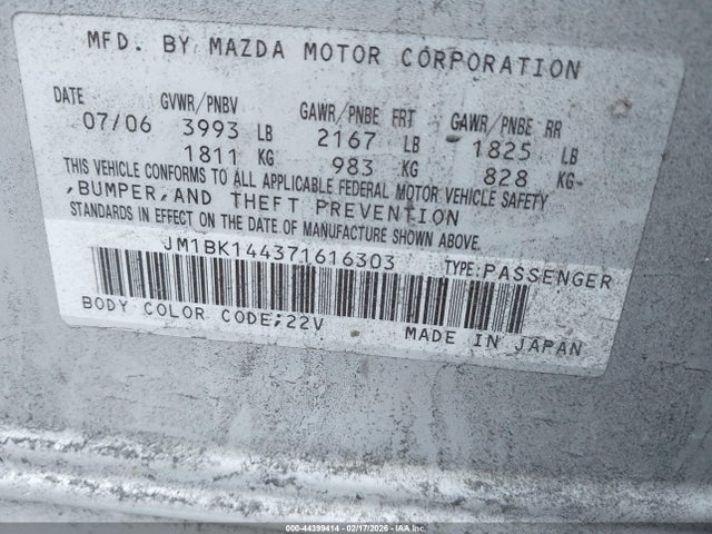 Aukcja sprzedaży 2007 Mazda Mazda3 S Sport, vin: JM1BK144371616303, numer aukcji: 44399414