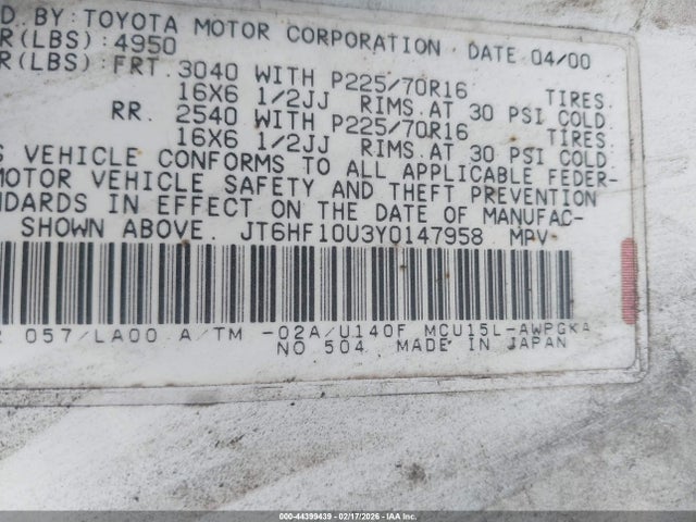 44399439 :رقم المزاد ، JT6HF10U3Y0147958 vin ، 2000 Lexus Rx 300 مزاد بيع