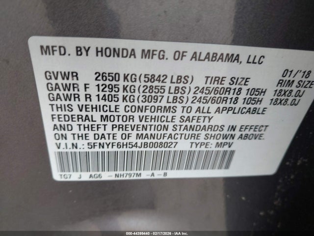 5FNYF6H54JB008027 Honda Pilot Ex-l