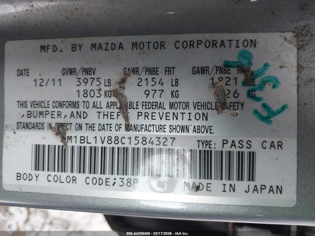 Aukcja sprzedaży 2012 Mazda Mazda3 I Touring, vin: JM1BL1V88C1584327, numer aukcji: 44399480