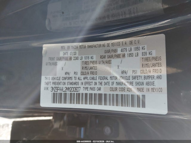 Aukcja sprzedaży 2021 Mazda Mazda3 2.5 S, vin: 3MZBPAAL2MM200607, numer aukcji: 44399505