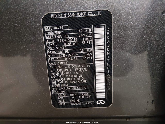 Aukcja sprzedaży 2019 Infiniti Qx50 Luxe, vin: 3PCAJ5M17KF137572, numer aukcji: 44399534