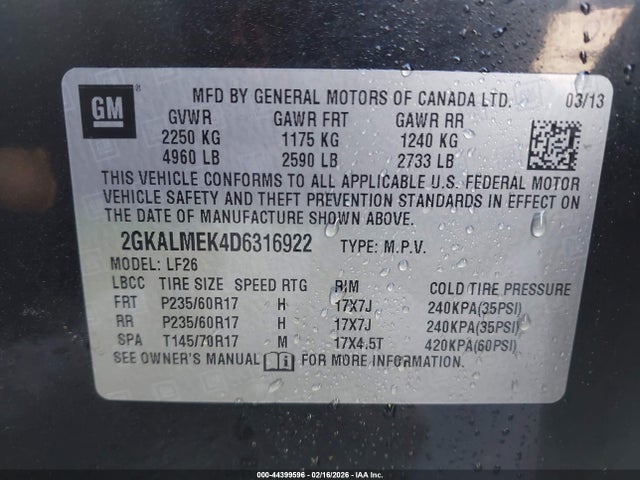 Aukcja sprzedaży 2013 Gmc Terrain Sle-1, vin: 2GKALMEK4D6316922, numer aukcji: 44399596