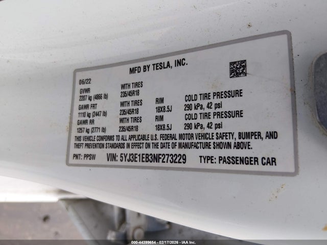 Auction sale of the 2022 Tesla Model 3 Long Range Dual Motor All-wheel Drive, vin: 5YJ3E1EB3NF273229, lot number: 44399654