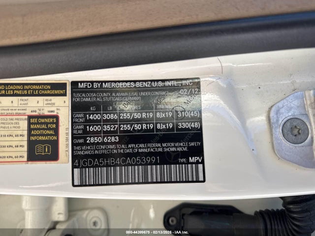44399675 :رقم المزاد ، 4JGDA5HB4CA053991 vin ، 2012 Mercedes-benz Ml 350 4matic مزاد بيع