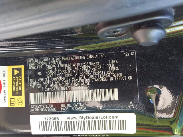44399719 :رقم المزاد ، 2T2ZK1BA2DC108477 vin ، 2013 Lexus Rx 350 مزاد بيع