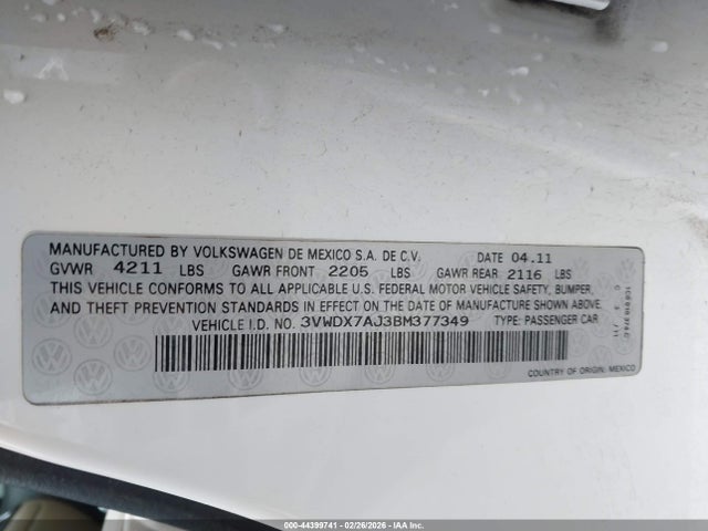 44399741 :رقم المزاد ، 3VWDX7AJ3BM377349 vin ، 2011 Volkswagen Jetta 2.5l Se مزاد بيع
