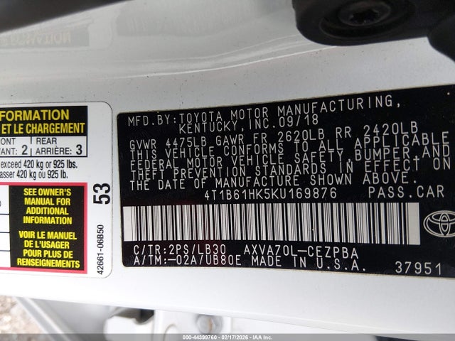 4T1B61HK5KU169876 Toyota CAMRY XSE