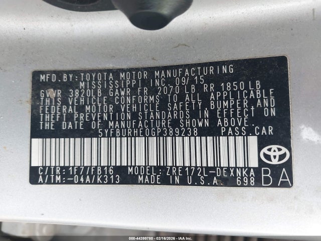 5YFBURHE0GP389238 Toyota Corolla Le Plus