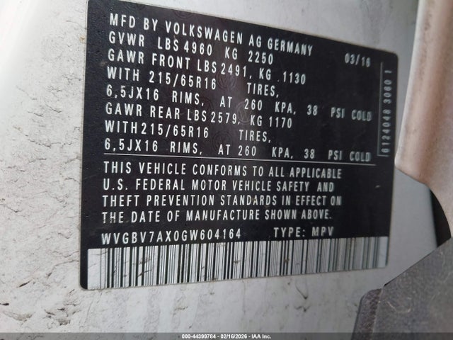 2016 Volkswagen Tiguan S მანქანა იყიდება აუქციონზე, vin: WVGBV7AX0GW604164, აუქციონის ნომერი: 44399784