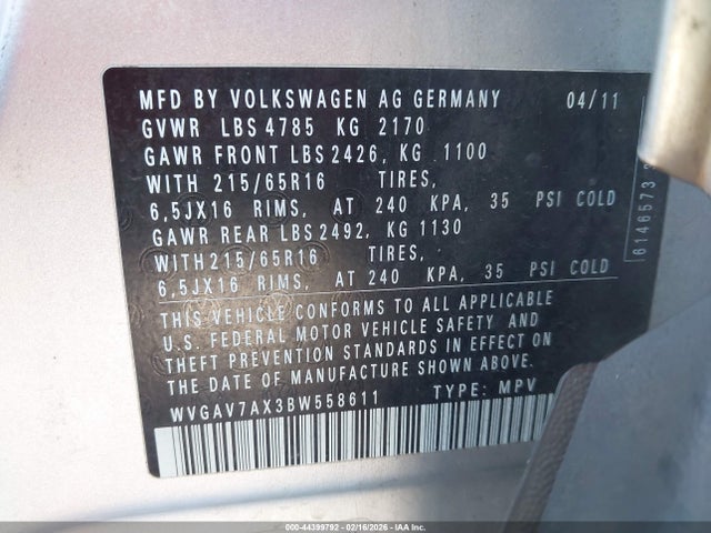 44399792 :رقم المزاد ، WVGAV7AX3BW558611 vin ، 2011 Volkswagen Tiguan S مزاد بيع