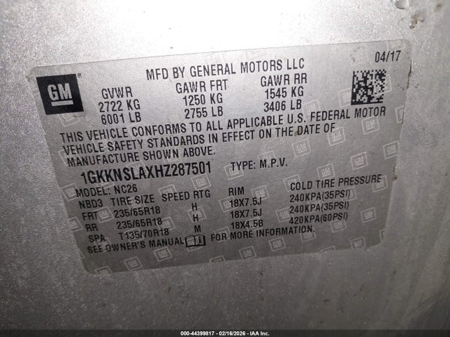 Aukcja sprzedaży 2017 Gmc Acadia Sle-2, vin: 1GKKNSLAXHZ287501, numer aukcji: 44399817