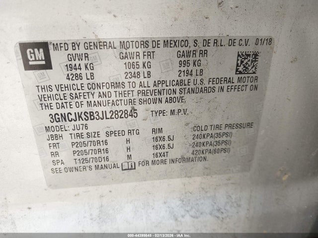 3GNCJKSB3JL282845 Chevrolet TRAX LS