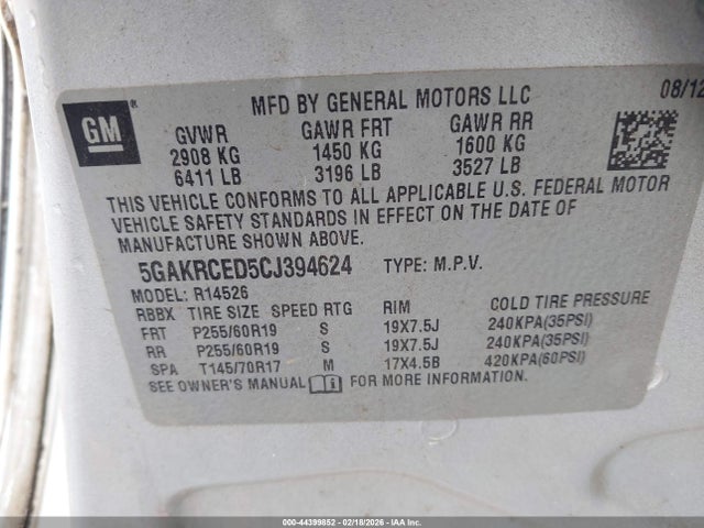 Auction sale of the 2012 Buick Enclave Leather, vin: 5GAKRCED5CJ394624, lot number: 44399852