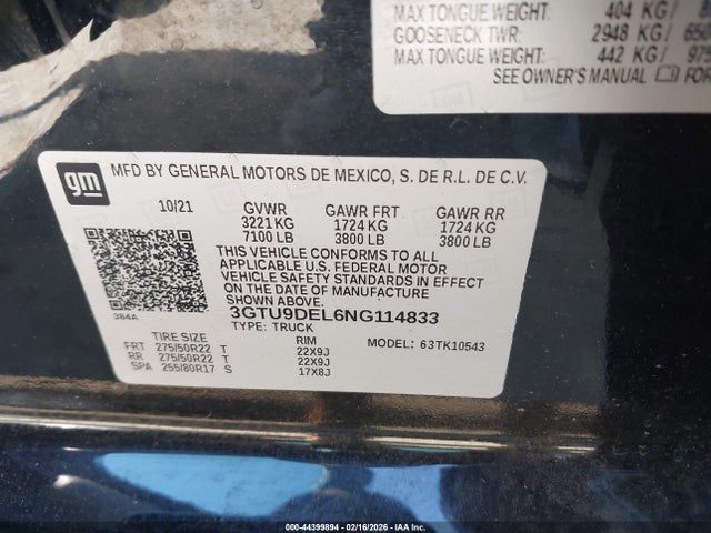 2022 Gmc Sierra 1500 Limited 4wd  Short Box Slt მანქანა იყიდება აუქციონზე, vin: 3GTU9DEL6NG114833, აუქციონის ნომერი: 44399894