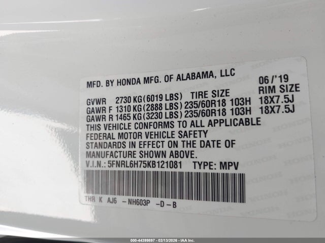 5FNRL6H75KB121081 Honda Odyssey Ex-l