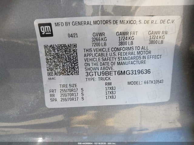 Продажа на аукционе авто 2021 Gmc Sierra 1500 4wd  Short Box Sle, vin: 3GTU9BET6MG319636, номер лота: 44399904