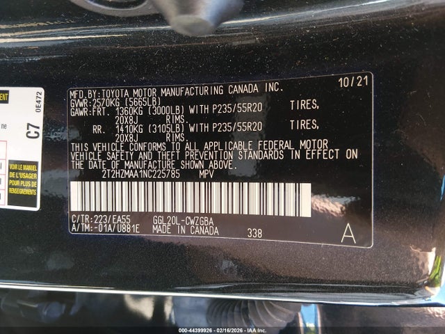 44399926 :رقم المزاد ، 2T2HZMAA1NC225785 vin ، 2022 Lexus Rx 350 مزاد بيع