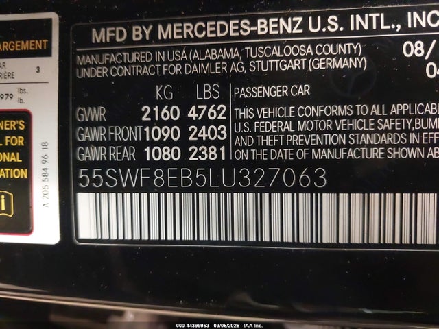 Aukcja sprzedaży 2020 Mercedes-benz C 300 4matic, vin: 55SWF8EB5LU327063, numer aukcji: 44399953