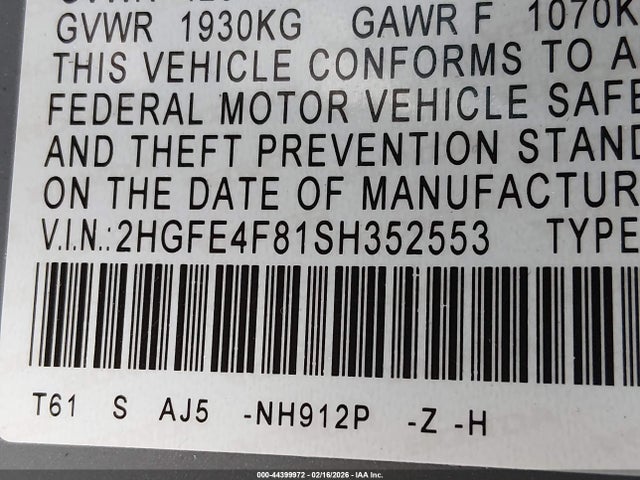 44399972 :رقم المزاد ، 2HGFE4F81SH352553 vin ، 2025 Honda Civic Hybrid Sport/sport Touring مزاد بيع