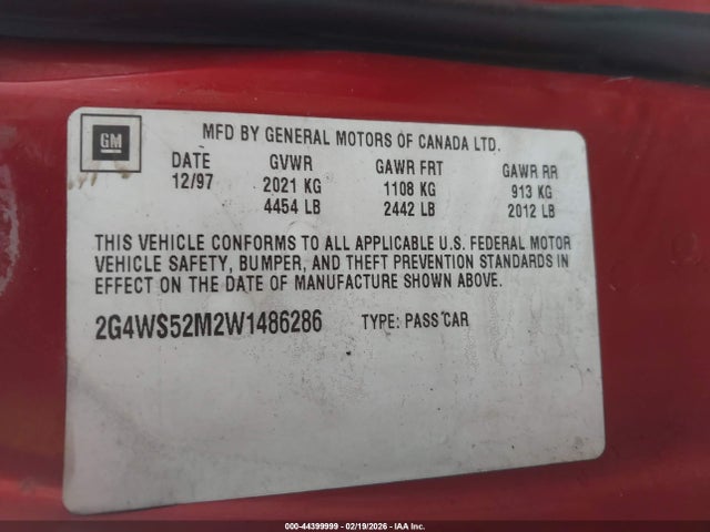 44399999 :رقم المزاد ، 2G4WS52M2W1486286 vin ، 1998 Buick Century Custom مزاد بيع