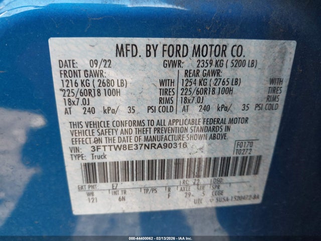 3FTTW8E37NRA90316 Ford Maverick Lariat