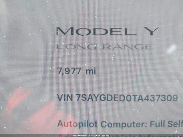 2026 Tesla Model Y Premium Rear-wheel Drive/standard Rear-wheel Drive მანქანა იყიდება აუქციონზე, vin: 7SAYGDED0TA437309, აუქციონის ნომერი: 44400121