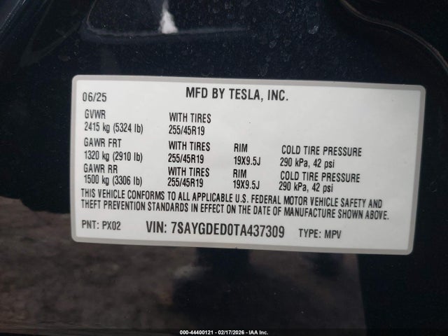 2026 Tesla Model Y Premium Rear-wheel Drive/standard Rear-wheel Drive მანქანა იყიდება აუქციონზე, vin: 7SAYGDED0TA437309, აუქციონის ნომერი: 44400121