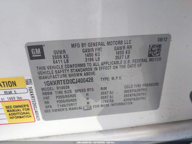 44400156 :رقم المزاد ، 1GKKRTED0CJ400428 vin ، 2012 Gmc Acadia Denali مزاد بيع