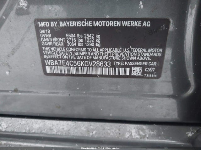 44400186 :رقم المزاد ، WBA7E4C56KGV28633 vin ، 2019 Bmw 740i Xdrive مزاد بيع