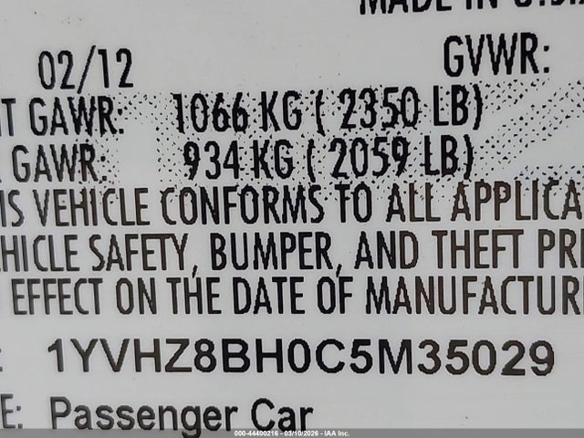 Aukcja sprzedaży 2012 Mazda Mazda6, vin: 1YVHZ8BH0C5M35029, numer aukcji: 44400216