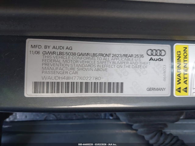 2007 AUDI A4 WAUDH48H77K022780 Photo 8
