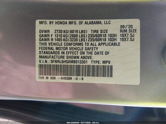2021 HONDA ODYSSEY 5FNRL6H5XMB013301 Photo 8