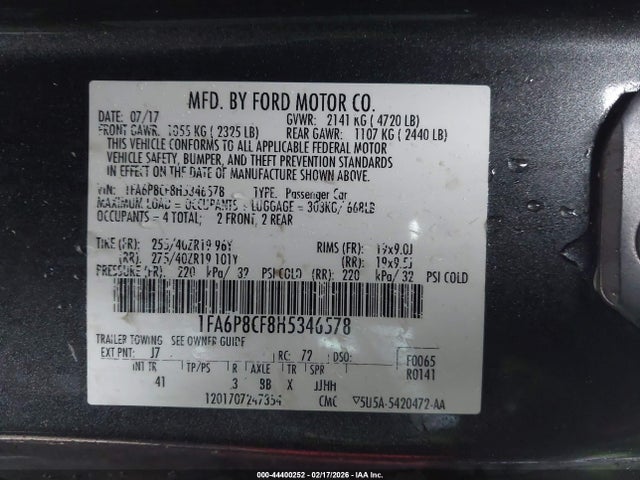 44400252 :رقم المزاد ، 1FA6P8CF8H5346578 vin ، 2017 Ford Mustang Gt Premium مزاد بيع
