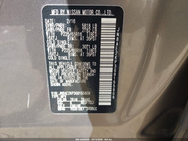 Продажа на аукционе авто 2016 Nissan Quest Platinum/s/sl/sv, vin: JN8AE2KP3G9155809, номер лота: 44400258