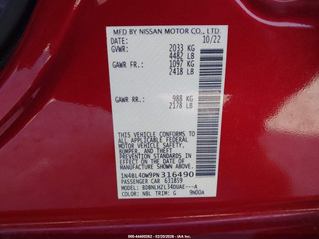 1N4BL4DW9PN316490 Nissan Altima Sv Intelligent Awd