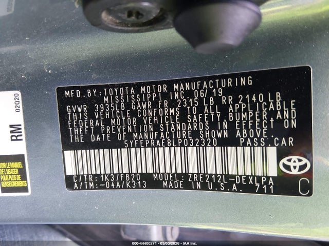 44400271 :رقم المزاد ، 5YFEPRAE8LP032320 vin ، 2020 Toyota Corolla Le مزاد بيع